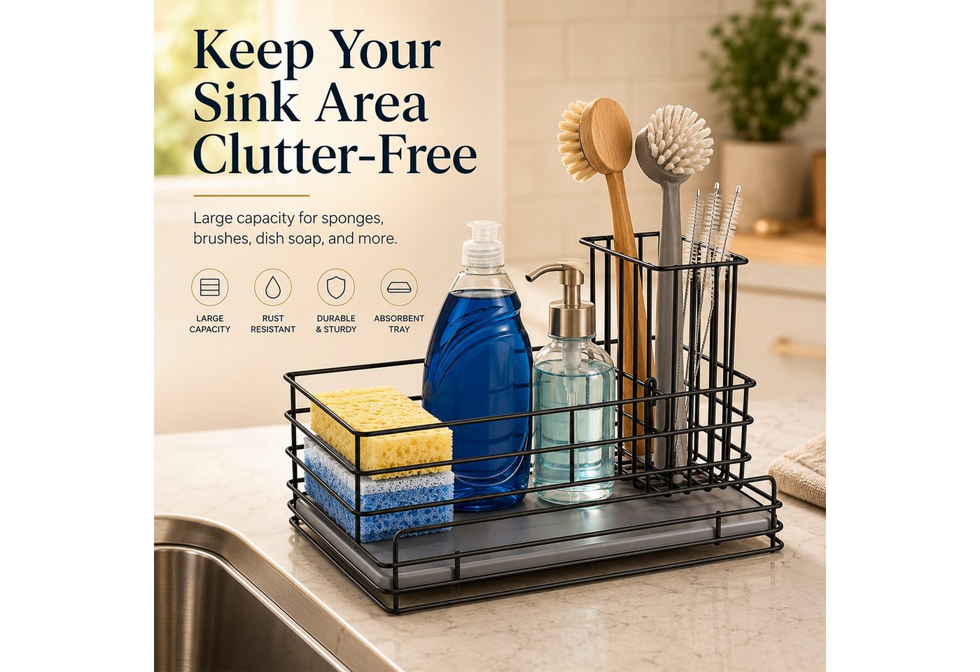 BlingBin Küchenorganizer-Set Spülbecken Organizer Küche mit Schnelltrocknender Diatomit Platte, (1er Set, 1-tlg., Maße: 23 × 11 × 10 cm), Caddy Schwammhalter mit Bürstenhalter für Spülmittel, Küchenutensilien Bild 3