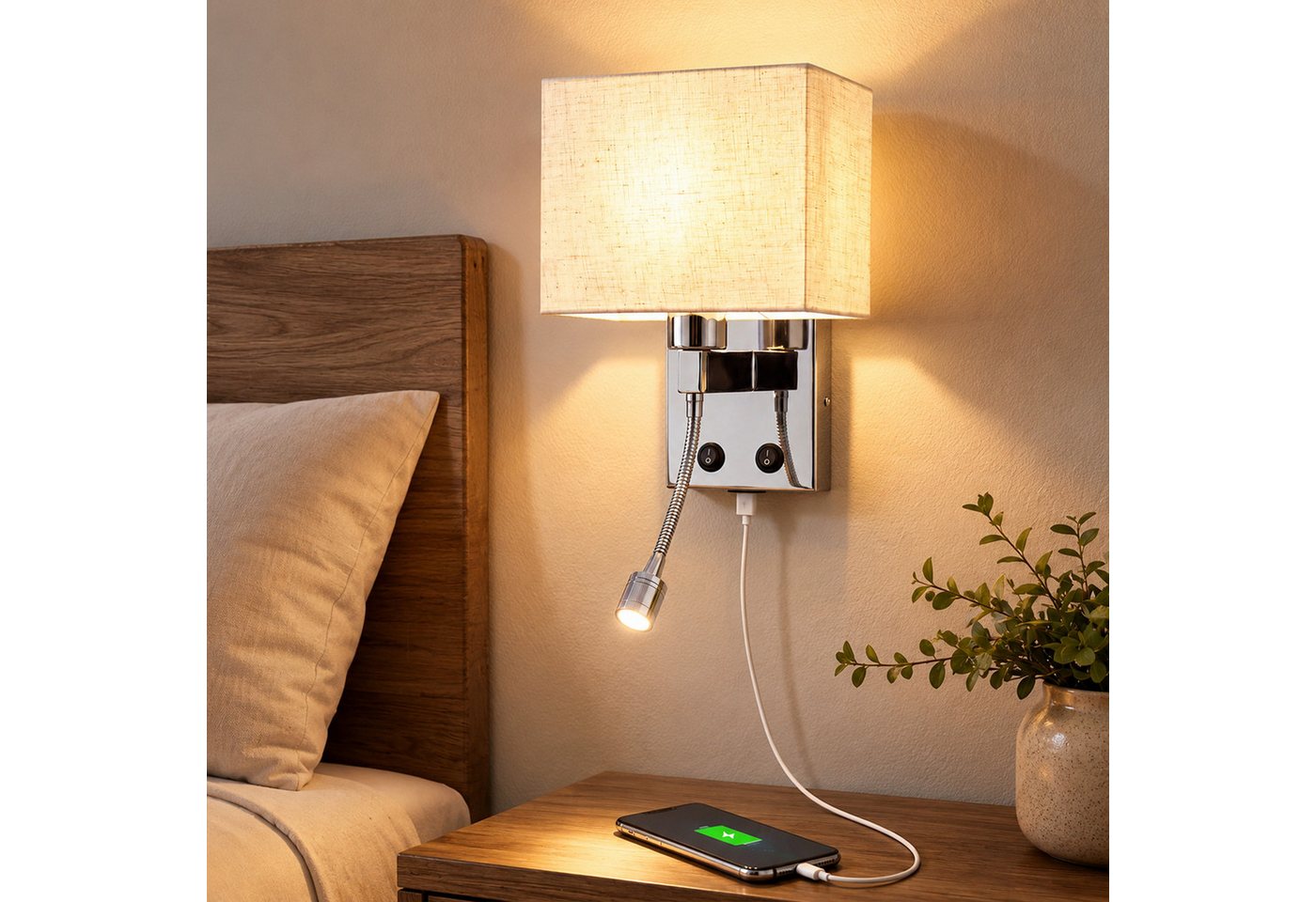 Nettlife Wandleuchte innen Schalter Moderne Wandlampe E27 Stoffschirm, ohne Leuchtmittel, USB-Ladeanschluss 2W Leselampe Stoffschirm für Schlafzimmer Hotel Flur
