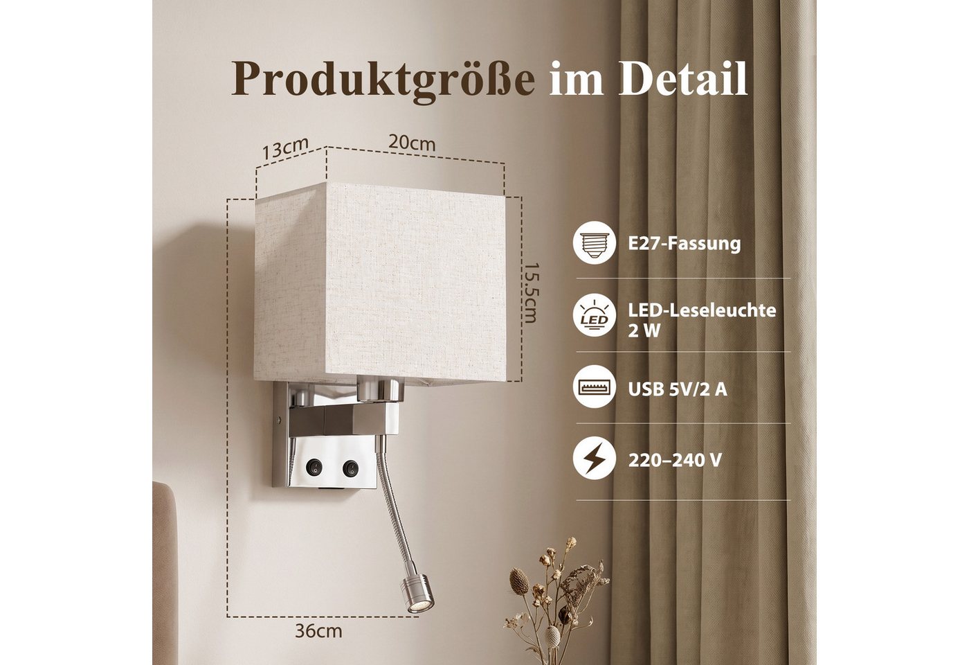 Nettlife Wandleuchte innen Schalter Moderne Wandlampe E27 Stoffschirm, ohne Leuchtmittel, USB-Ladeanschluss 2W Leselampe Stoffschirm für Schlafzimmer Hotel Flur Bild 2