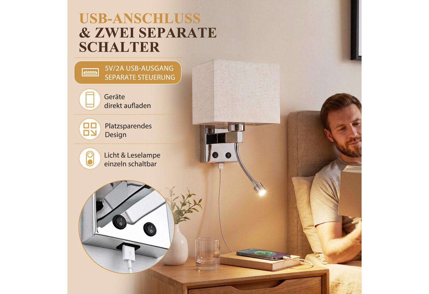 Nettlife Wandleuchte innen Schalter Moderne Wandlampe E27 Stoffschirm, ohne Leuchtmittel, USB-Ladeanschluss 2W Leselampe Stoffschirm für Schlafzimmer Hotel Flur Bild 3