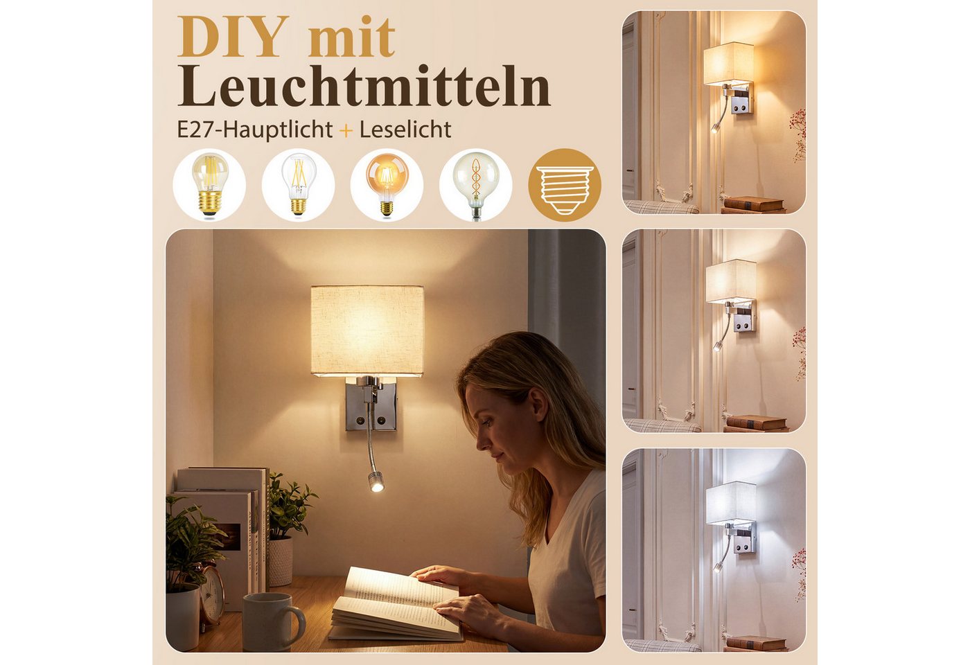 Nettlife Wandleuchte innen Schalter Moderne Wandlampe E27 Stoffschirm, ohne Leuchtmittel, USB-Ladeanschluss 2W Leselampe Stoffschirm für Schlafzimmer Hotel Flur Bild 4