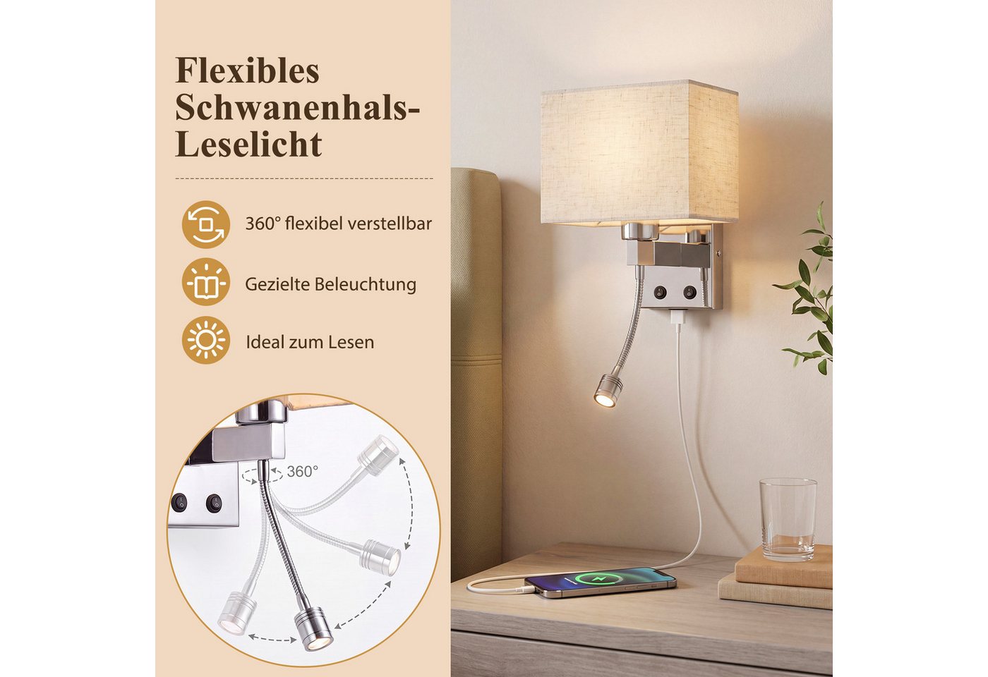 Nettlife Wandleuchte innen Schalter Moderne Wandlampe E27 Stoffschirm, ohne Leuchtmittel, USB-Ladeanschluss 2W Leselampe Stoffschirm für Schlafzimmer Hotel Flur Bild 5
