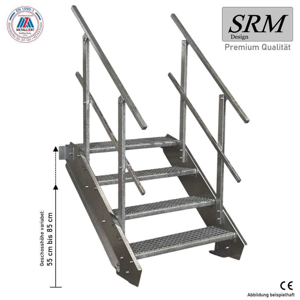 SRM Design Außentreppe 4 Stufen Stahltreppe 120cm Breite, Höhe 55-85cm, 2x Geländer Rund