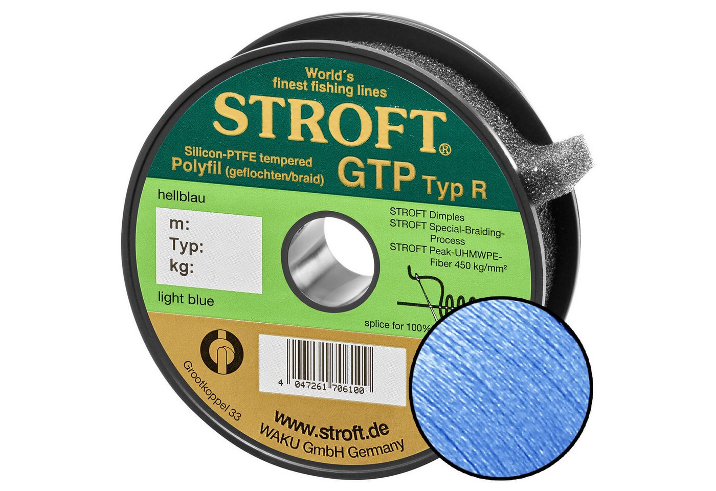 Stroft Angelschnur STROFT GTP Typ R Geflochtene Angelschnur 125m hellblau, 125 m Länge, 0.18 mm Fadendurchmesser, (1-St), 5,5kg Tragkraft