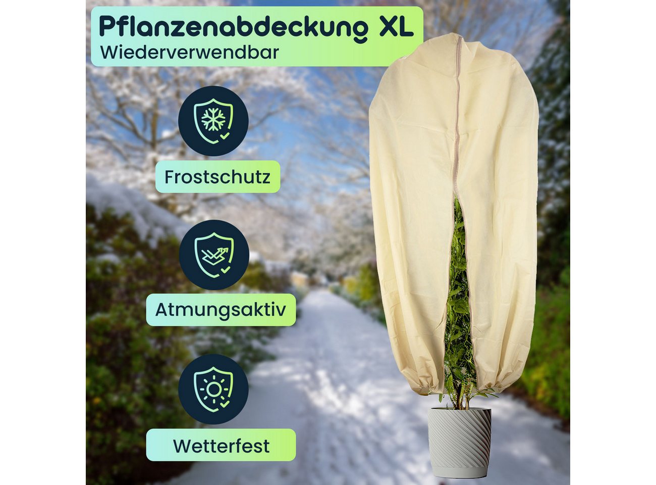 Casativo Winterschutzhaube Pflanzenabdeckung XL H180 x B120cm Winterschutz Reißverschluss Zugband (3-St., 1er-Set & 3er-Set), Frostschutz-Haube für Kübelpflanzen & Sträucher, Vlies 80 g/m² Bild 2