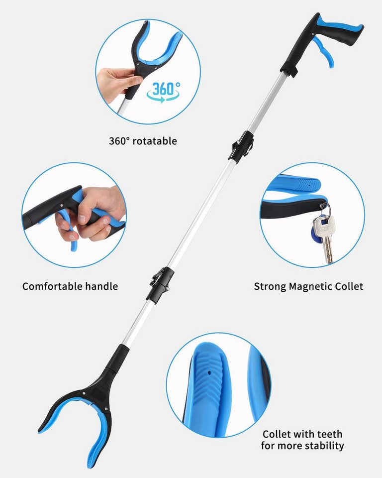 FELIXLEO Greifzange Faltbare Greifzange für Senioren Müllzange Aluminium Lang 110cm Blau