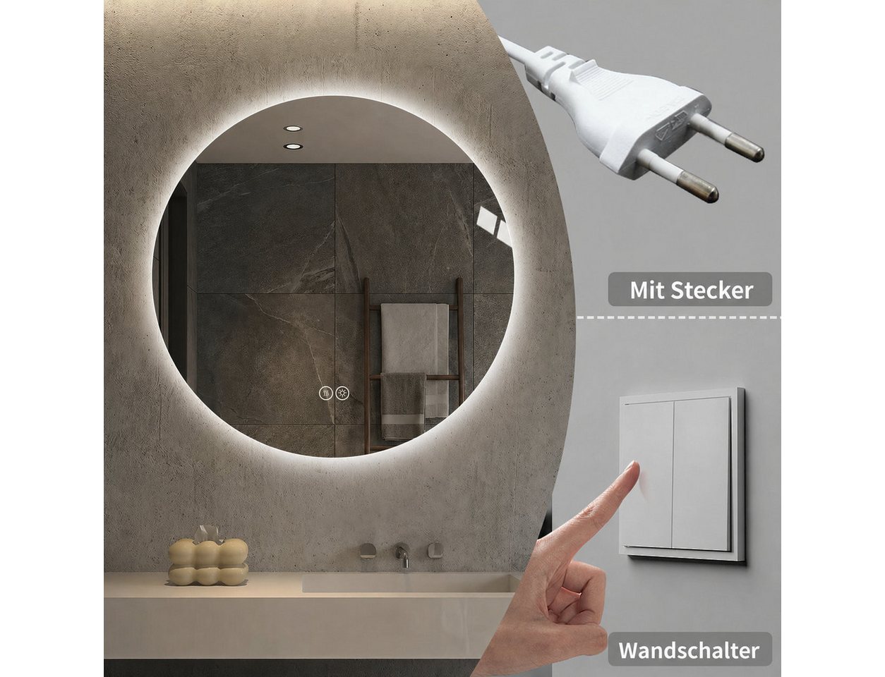 Odikalo Badspiegel spiegel Wandspiegel Runder mit LED, 3 Lichtfarben (70 cm, Hinterleuchtet, Anti-Beschlag, 3 Lichtfarben, Stufenlos Dimmbar, Memoryfunktion, Touchschalter, 5 mm Kupferfreier HD-Silberspiegel) Bild 4