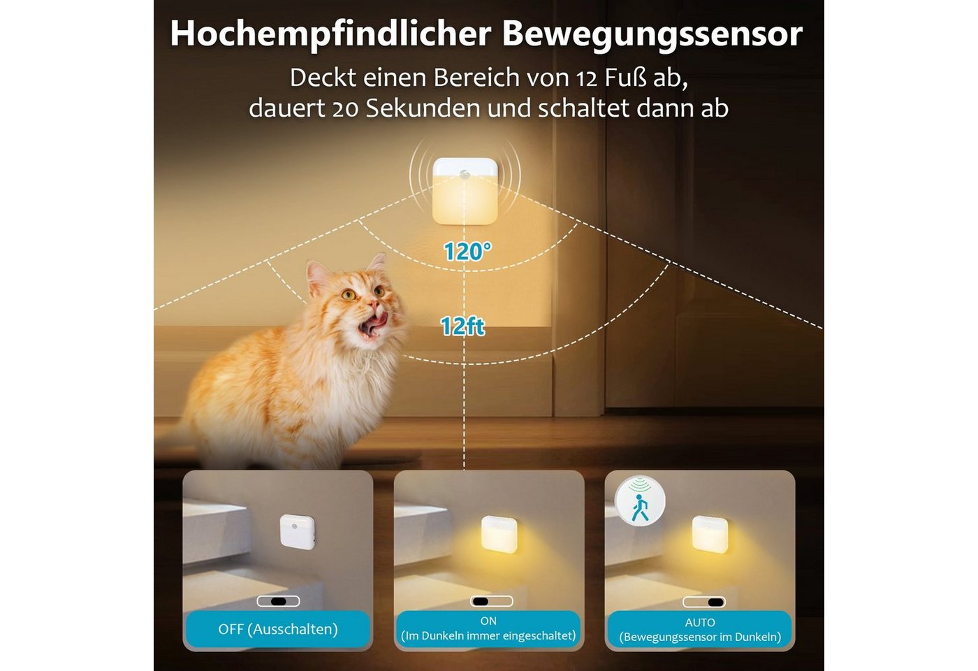 Rosnek LED Nachtlicht LED Nachtlicht mit Bewegungsmelder, wiederaufladbar, 1/3/6er-Set, LED fest integriert, Warmweiß, Sensorleuchte mit Dämmerungssensor, 3 m Reichweite und 20 s Timer Bild 3