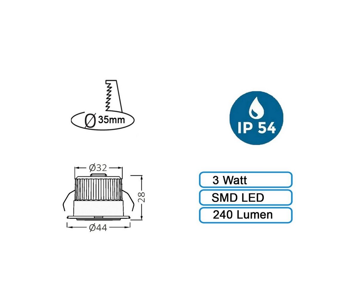 Braytron LED Einbaustrahler 3 Watt LED mini Einbauleuchte Einbaustrahler Spot Weiß Warmweiß IP54, Warmweiß, 3w, 210 Lumen, Warmweiß, Ø44 x 28 mm, Weiß, Lochmaß: Ø32, rund, IP54