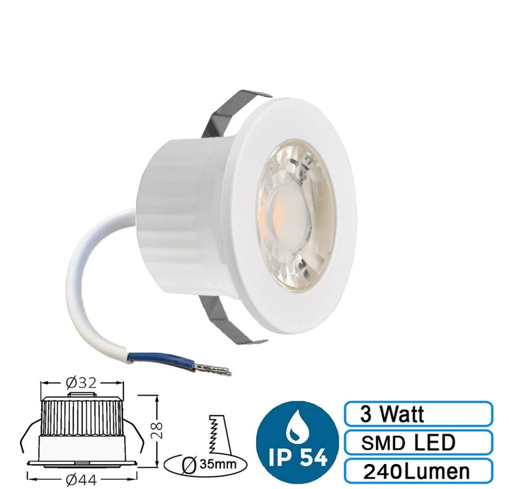 Braytron LED Einbaustrahler 3 Watt LED mini Einbauleuchte Einbaustrahler Spot Weiß Warmweiß IP54, Warmweiß, 3w, 210 Lumen, Warmweiß, Ø44 x 28 mm, Weiß, Lochmaß: Ø32, rund, IP54 Bild 5