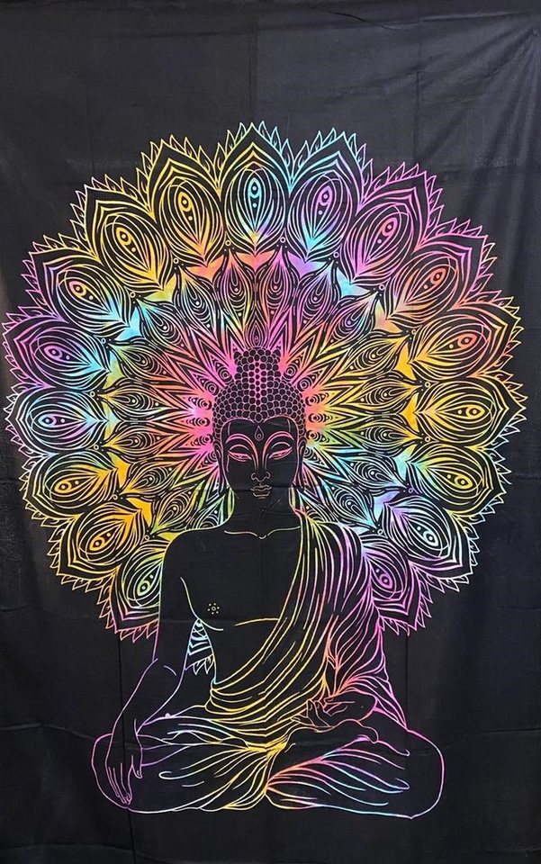 KUNST UND MAGIE Wandteppich Tuch Buddha Tagesdecke Wandbehang Deko UV Schwarzlicht ca. 200 x 135cm