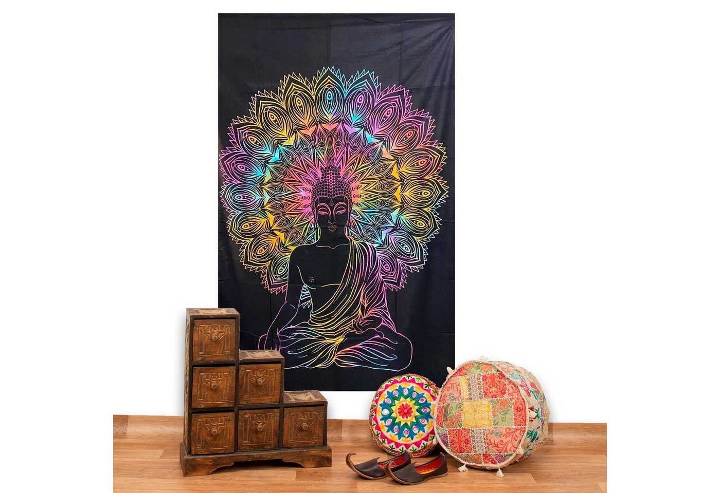 KUNST UND MAGIE Wandteppich Tuch Buddha Tagesdecke Wandbehang Deko UV Schwarzlicht ca. 200 x 135cm Bild 3