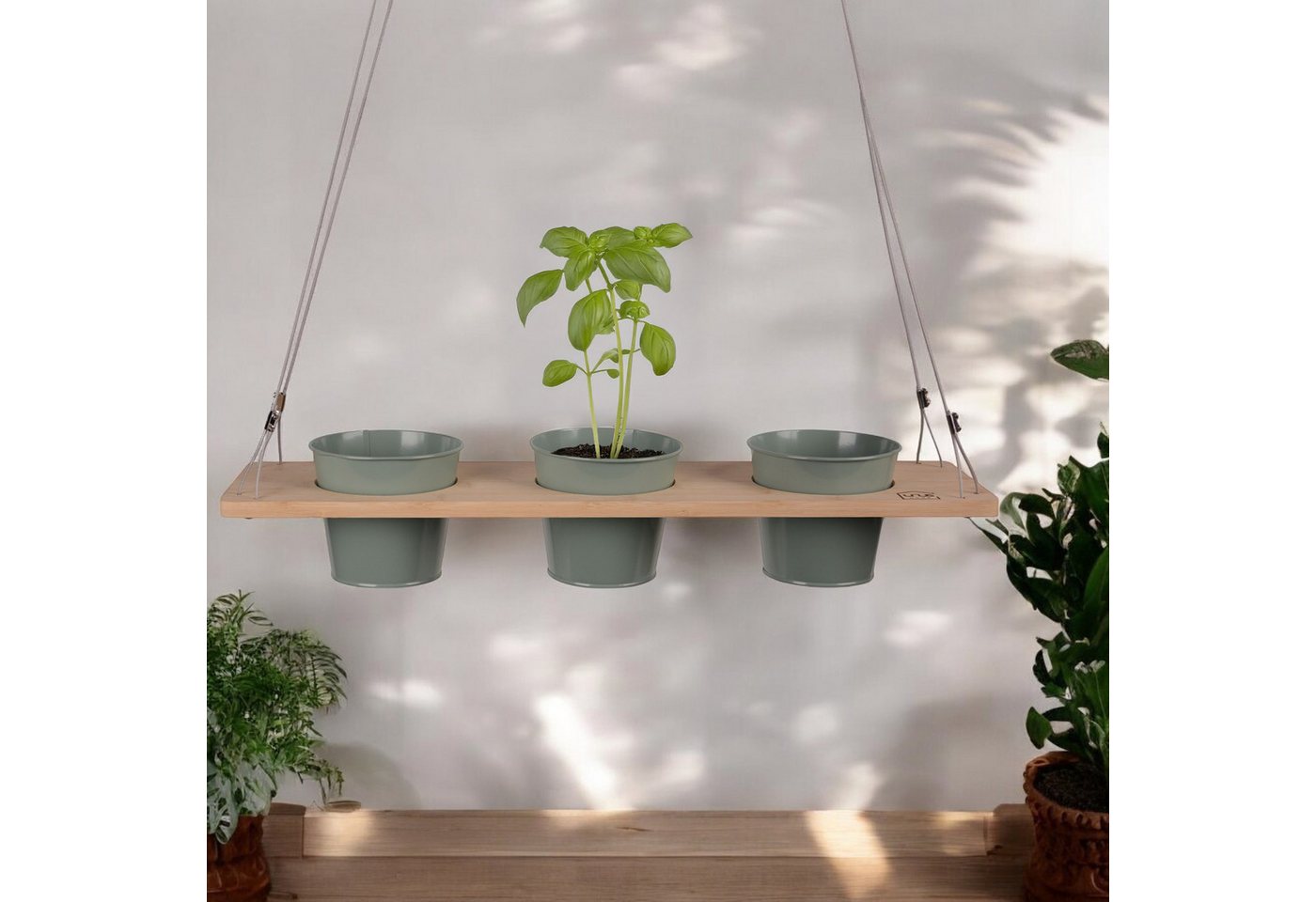 UNUS HOME Blumenkasten Kräuterbar, Pflanzenregal (60cm, grün), Stabile Drahtseilaufh ängung, hängende Kräutertöpfe Bild 3