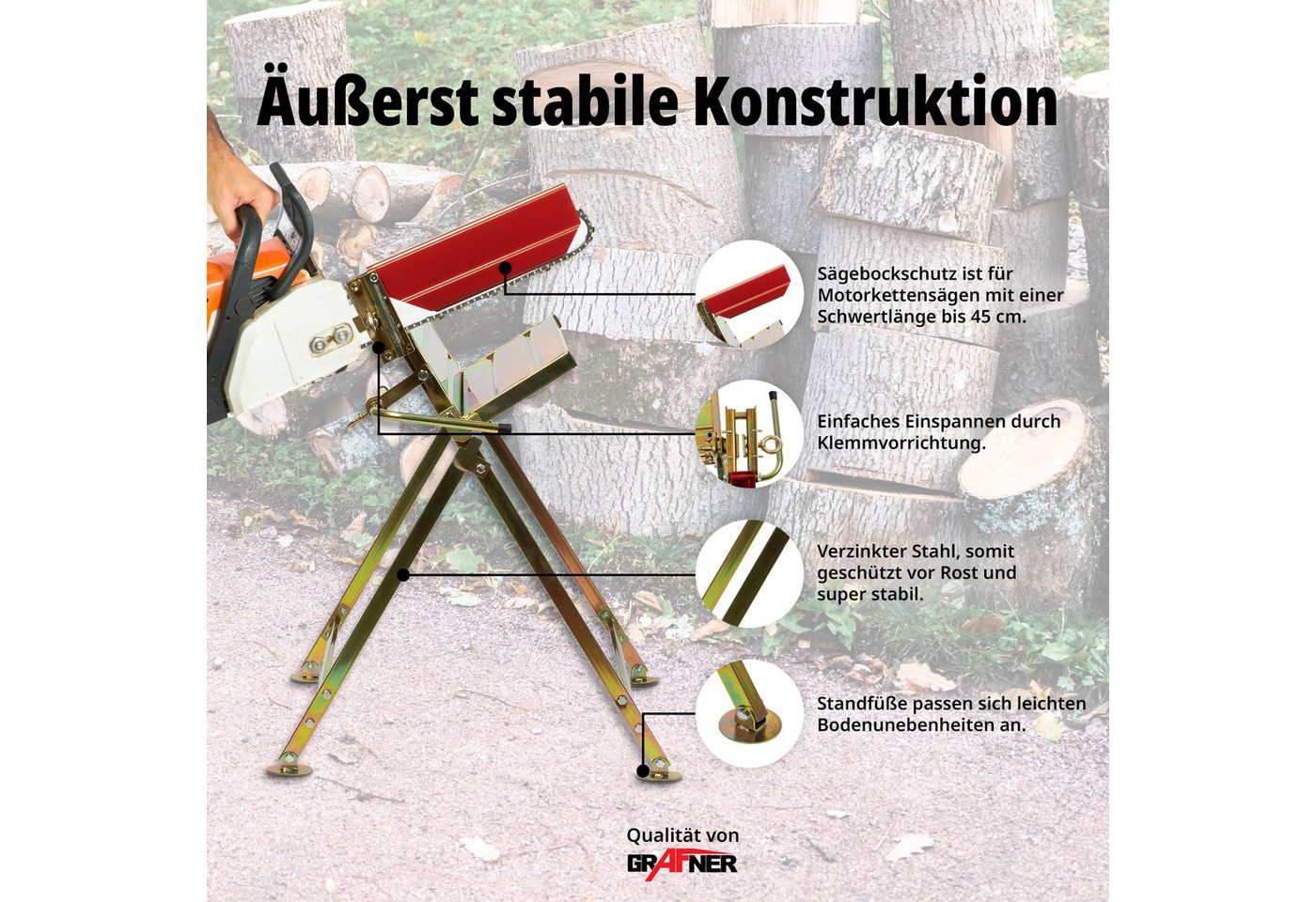 Grafner Sägebock Sägebock für Kettensäge bis 120 kg SB10772, 20,00 cm max. Stammdurchmesser, Tragkraft 120 kg, ca. Höhe 70 cm x Tiefe 77,5 cm