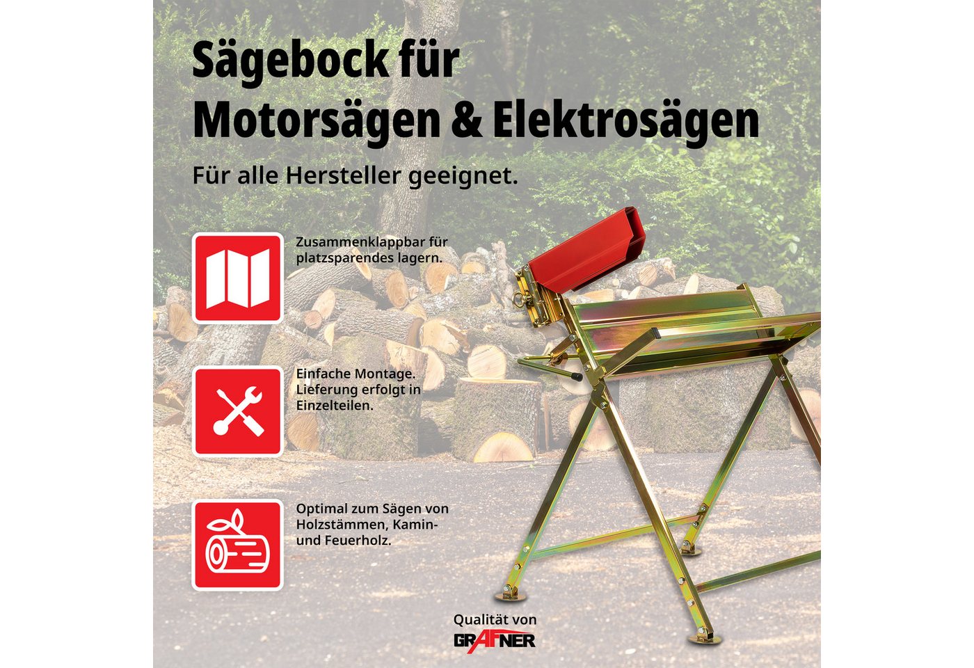 Grafner Sägebock Sägebock für Kettensäge bis 120 kg SB10772, 20,00 cm max. Stammdurchmesser, Tragkraft 120 kg, ca. Höhe 70 cm x Tiefe 77,5 cm Bild 2