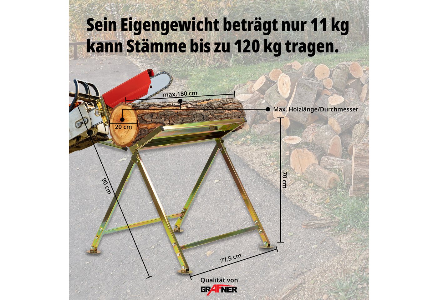 Grafner Sägebock Sägebock für Kettensäge bis 120 kg SB10772, 20,00 cm max. Stammdurchmesser, Tragkraft 120 kg, ca. Höhe 70 cm x Tiefe 77,5 cm Bild 5