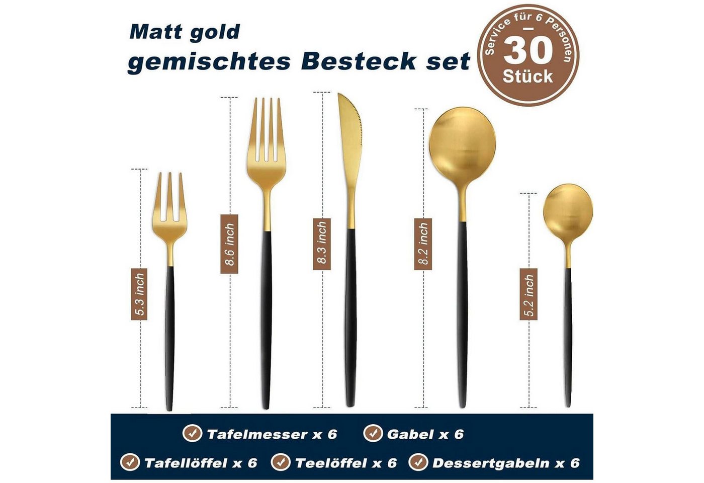LuxusKollektion Besteck-Set Besteckset Edelstahl 6 Personen 30 teilig 30teilig schwarzes Gold Bild 4