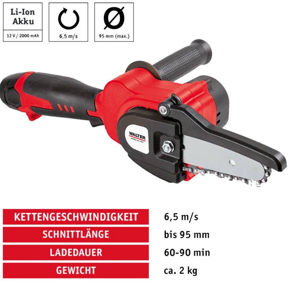 WALTER Akku-Kettensäge 12V Hochentaster Gehölzschneider Astsäge Kettensäge inkl. Akku, Schneller Wechsel zwischen Hochentaster und Kettensäge Bild 4