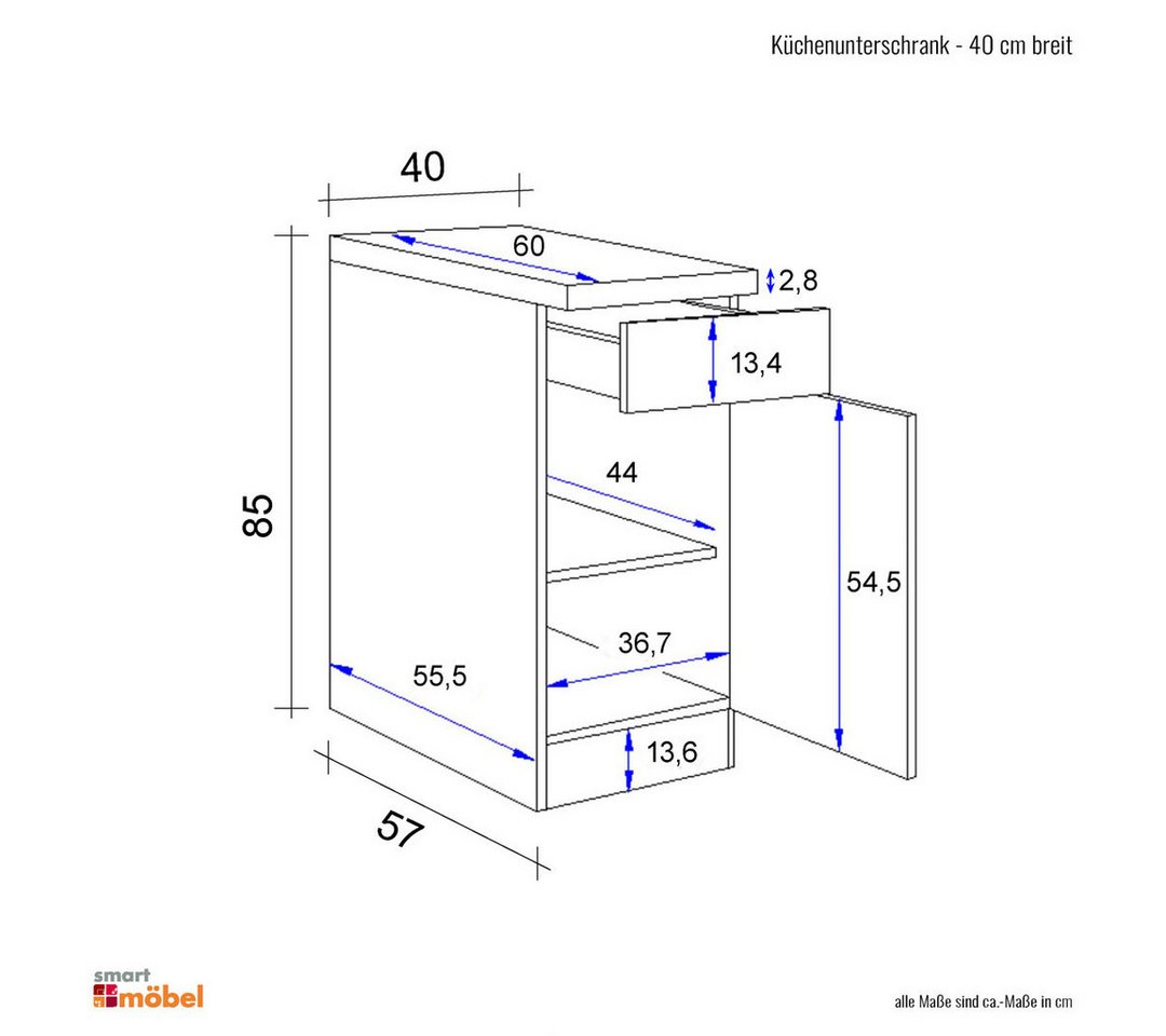 Flex-Well Unterschrank Küchenunterschrank - 40 cm breit - Buche – Namu Bild 2