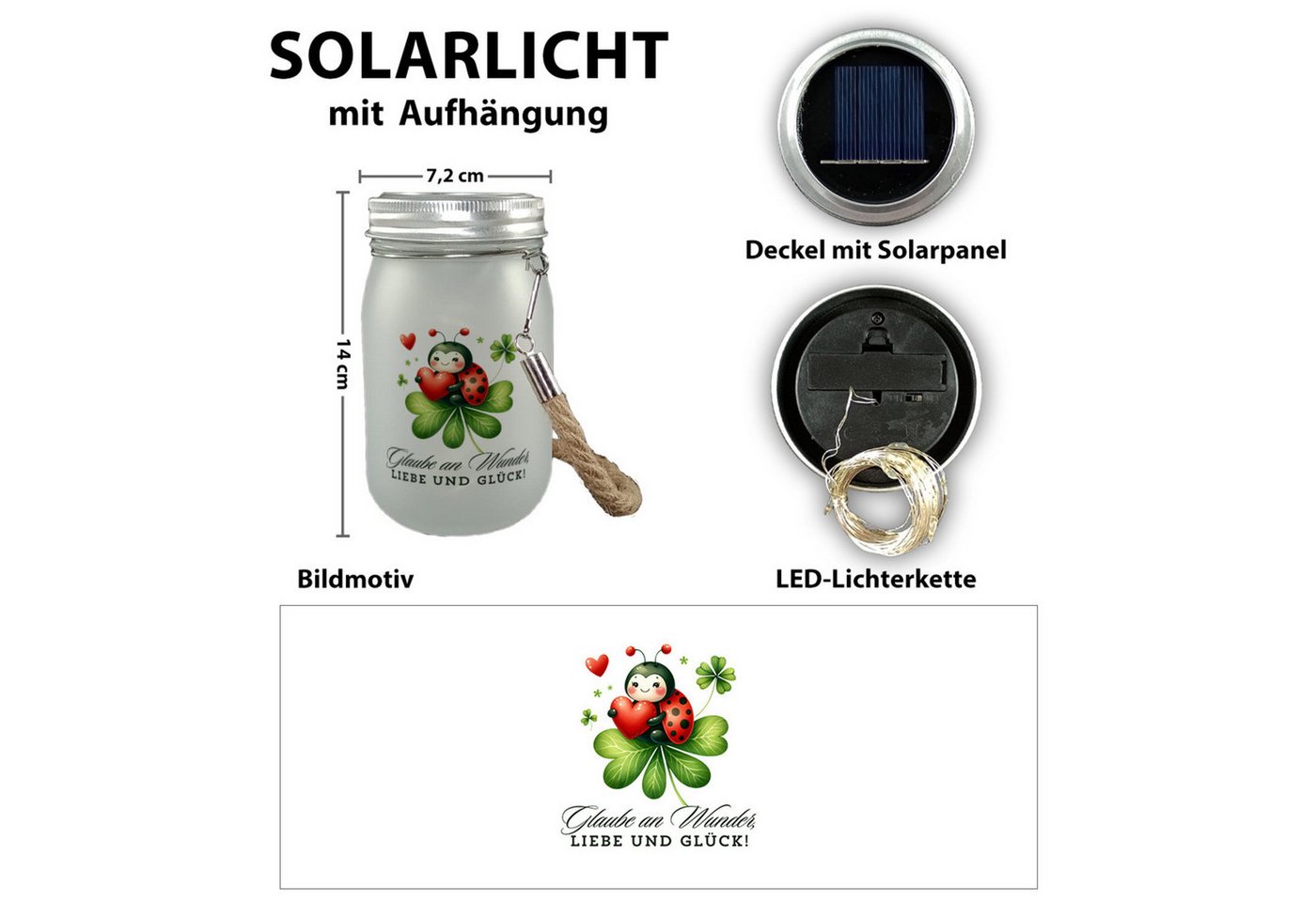 speecheese Dekolicht Marienkäfer Solarlicht mit Spruch Glaube an Wunder, Liebe und Glück!
