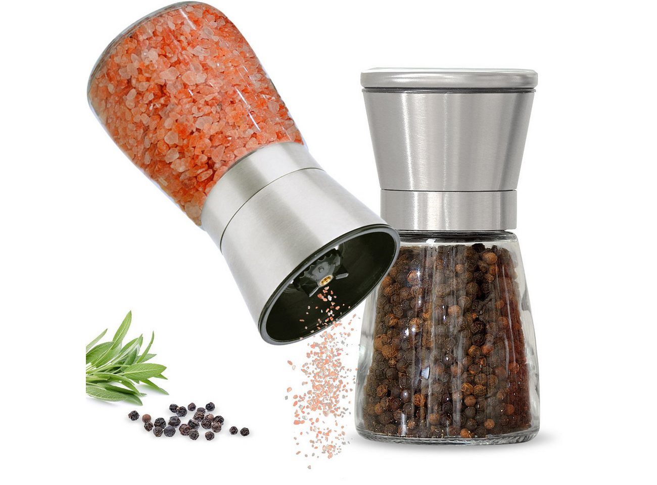 Casativo Salz-/Pfeffermühle Salz- & Pfeffermühle mit Keramik-Mahlwerk einstellbar 160ml Ø13,2 cm Handbetrieb, (2 Stück), Aromaschutzdeckel/stufenlose Mahlgradeinstellung/Ø6,6 x H13,2 cm Bild 2