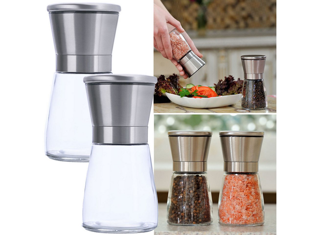 Casativo Salz-/Pfeffermühle Salz- & Pfeffermühle mit Keramik-Mahlwerk einstellbar 160ml Ø13,2 cm Handbetrieb, (2 Stück), Aromaschutzdeckel/stufenlose Mahlgradeinstellung/Ø6,6 x H13,2 cm Bild 3