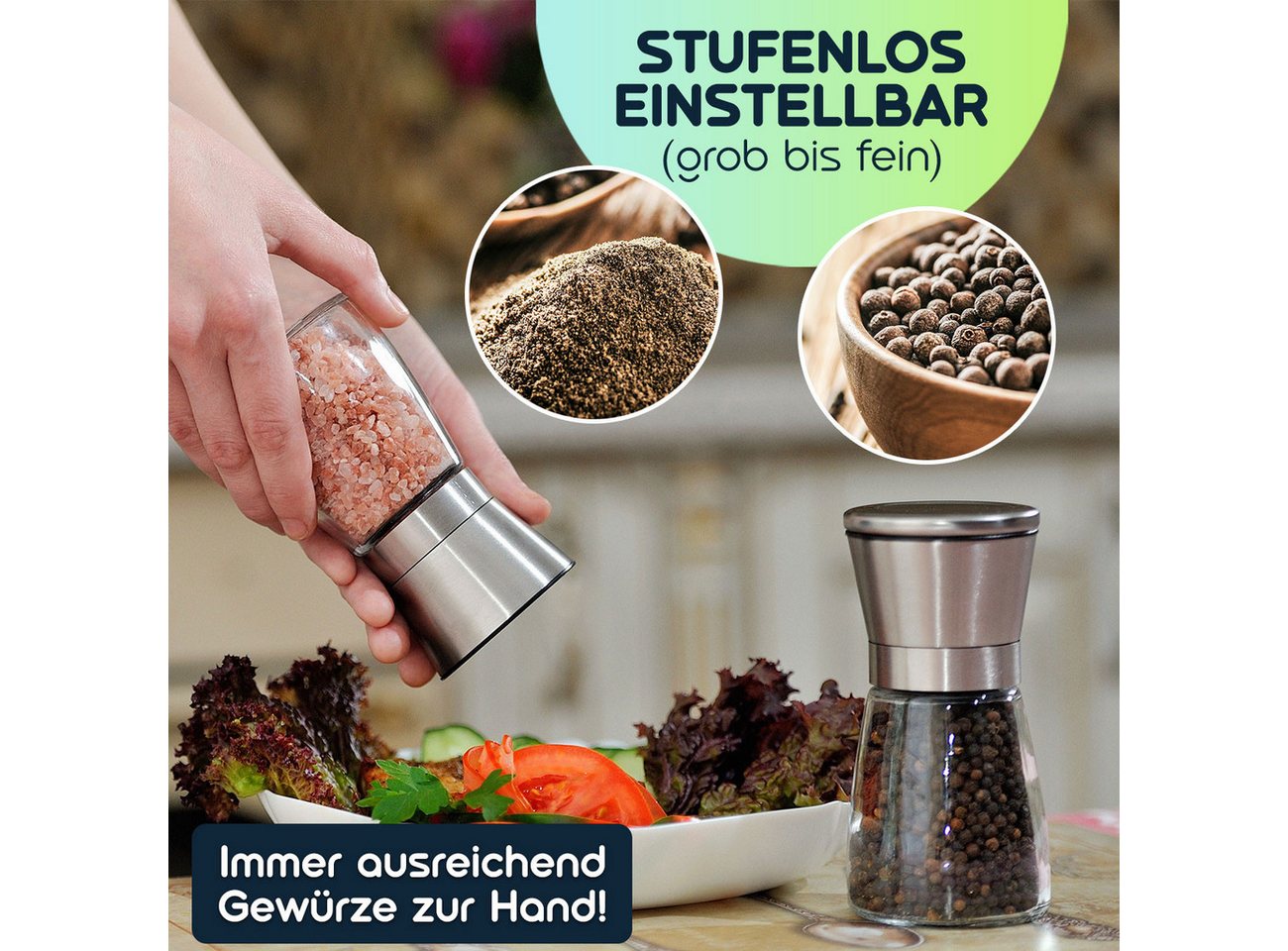 Casativo Salz-/Pfeffermühle Salz- & Pfeffermühle mit Keramik-Mahlwerk einstellbar 160ml Ø13,2 cm Handbetrieb, (2 Stück), Aromaschutzdeckel/stufenlose Mahlgradeinstellung/Ø6,6 x H13,2 cm Bild 5