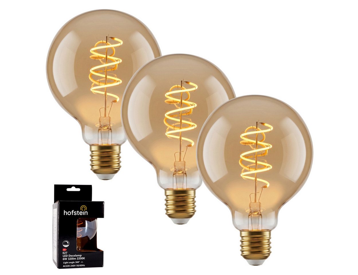 hofstein LED-Leuchtmittel 3er Set Glühbirne Extra Warmweiß dimmbar 6 Watt, E27, 2200 Kelvin, 320 Lumen, Globe Vintage, Filament Spirale, Amber Bild 4