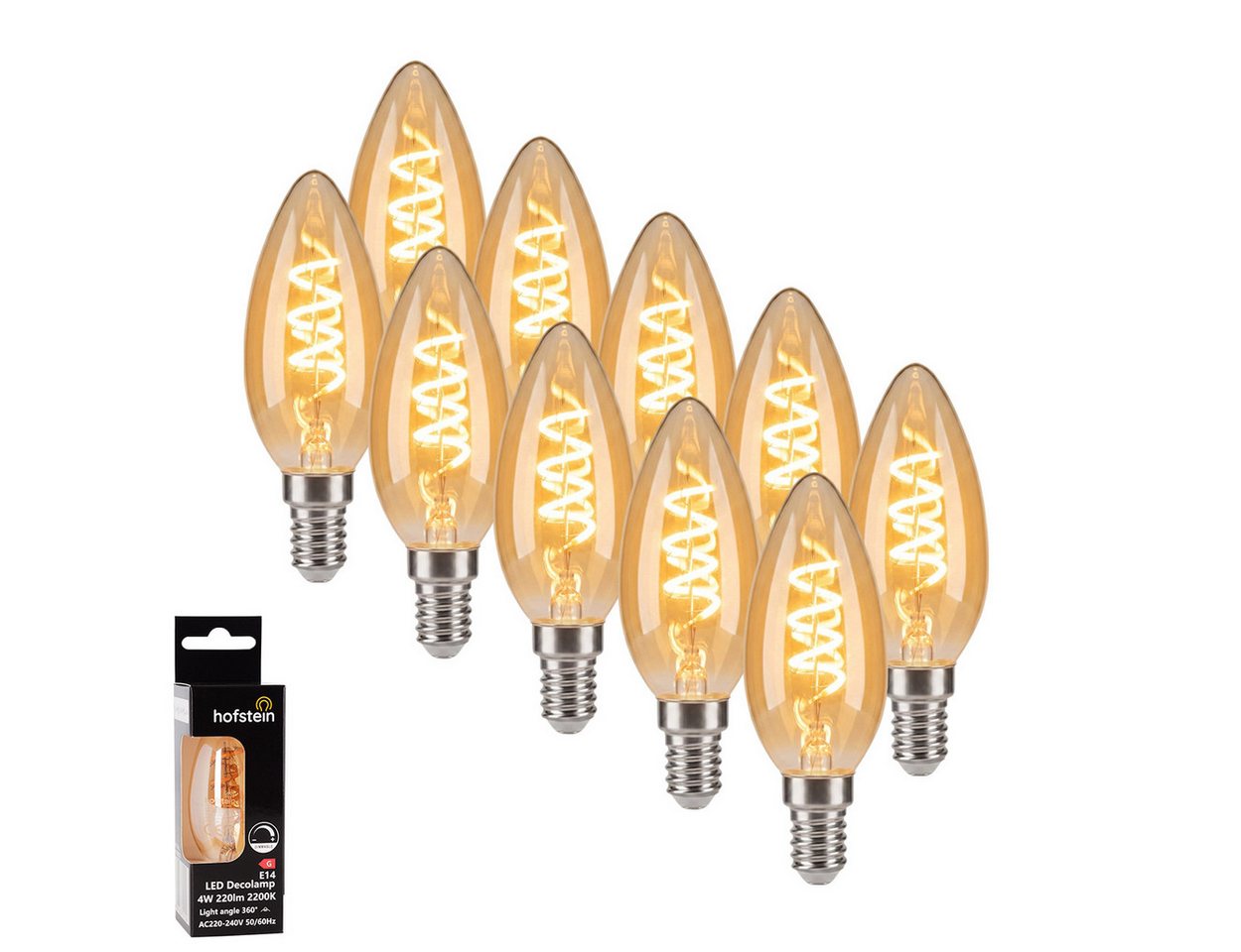 hofstein LED-Leuchtmittel 10er Set Glühbirne Extra Warmweiß dimmbar 4 Watt, E14, 2200 Kelvin, 220 Lumen, Kerze, Filament Spirale, Amber Bild 4