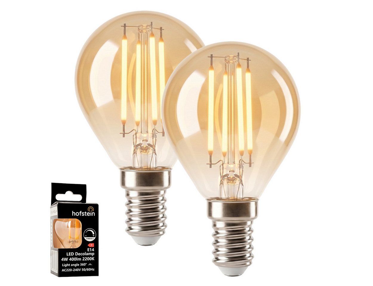 hofstein LED-Leuchtmittel 2er Set Glühbirne Extra Warmweiß dimmbar 4 Watt, E14, 2200 Kelvin, 350 Lumen, Kerze, Filament, Amber Bild 2