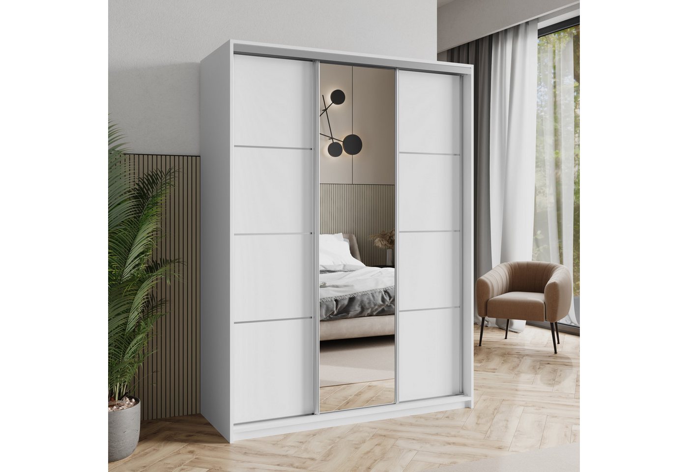 Masseno Schwebetürenschrank VARO 150 cm Kleiderschrank mit Spiegel 3 Türen und 4 Schubladen Weiß
