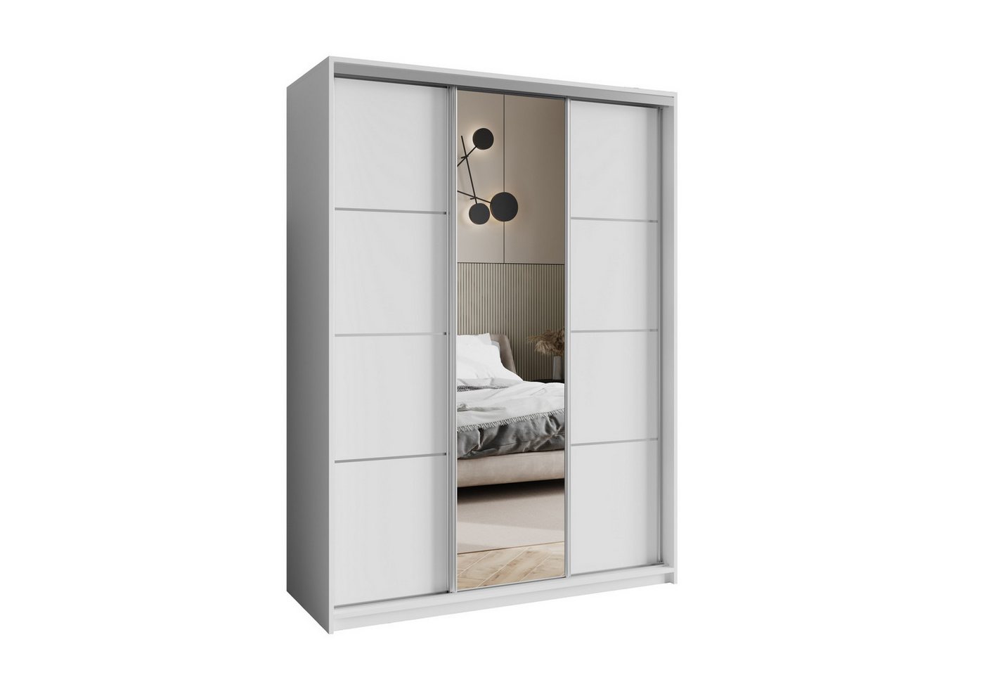 Masseno Schwebetürenschrank VARO 150 cm Kleiderschrank mit Spiegel 3 Türen und 4 Schubladen Weiß Bild 3