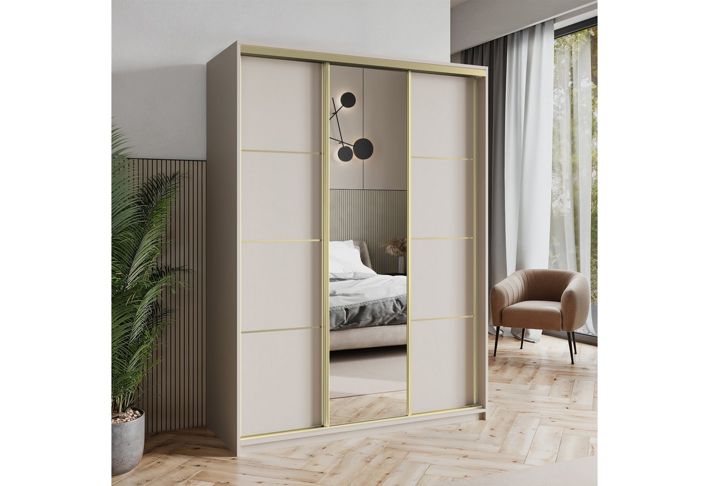 Masseno Schwebetürenschrank VARO 150 cm Kleiderschrank mit Spiegel 3 Türen Kaschmir Bild 4