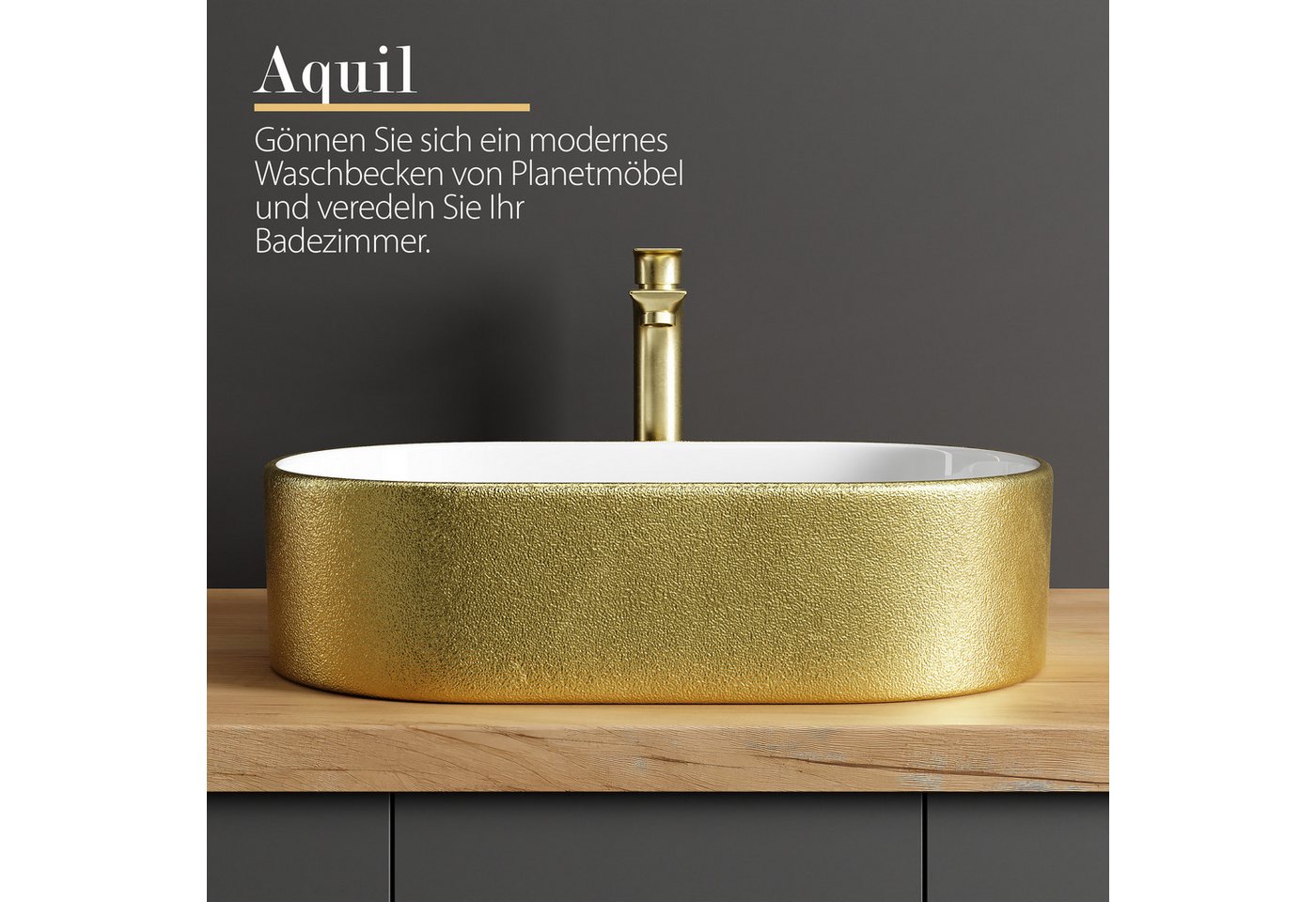 Planetmöbel Aufsatzwaschbecken Aquil Elegant Badezimmer Waschbecken 55 cm oval für Waschtisch (Keramik Aufsatzwaschbecken für Bad, Gäste WC, 1-St., Waschschale 55 x 34 x 14 cm ohne Hahnloch und Überlauf), für Waschtische oder Waschplätze Bild 2
