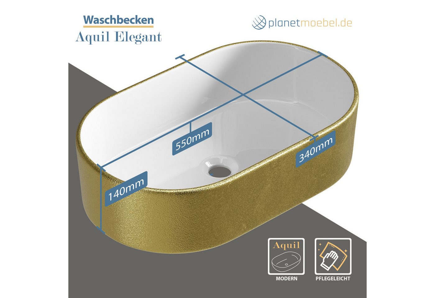 Planetmöbel Aufsatzwaschbecken Aquil Elegant Badezimmer Waschbecken 55 cm oval für Waschtisch (Keramik Aufsatzwaschbecken für Bad, Gäste WC, 1-St., Waschschale 55 x 34 x 14 cm ohne Hahnloch und Überlauf), für Waschtische oder Waschplätze Bild 3