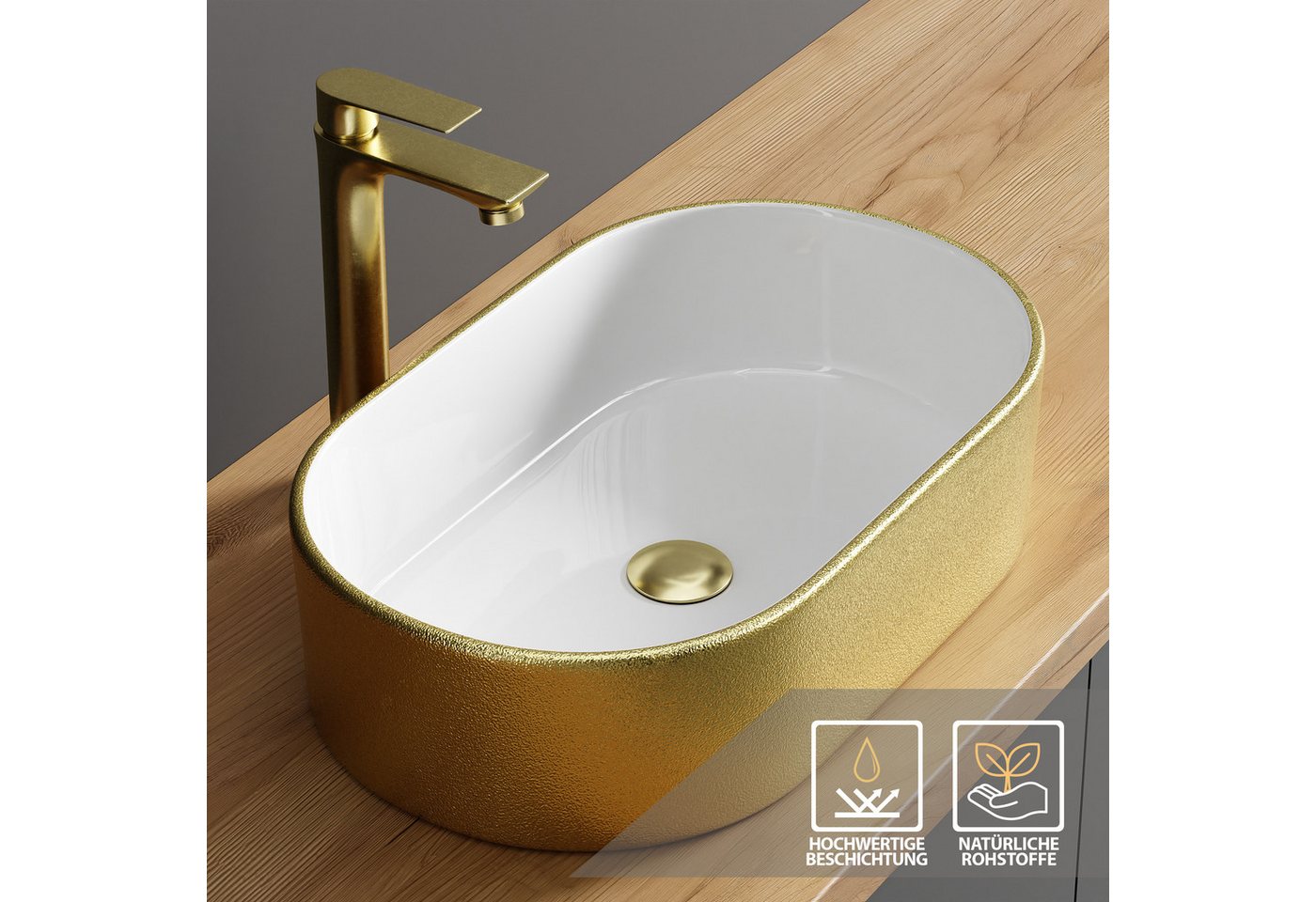 Planetmöbel Aufsatzwaschbecken Aquil Elegant Badezimmer Waschbecken 55 cm oval für Waschtisch (Keramik Aufsatzwaschbecken für Bad, Gäste WC, 1-St., Waschschale 55 x 34 x 14 cm ohne Hahnloch und Überlauf), für Waschtische oder Waschplätze Bild 4