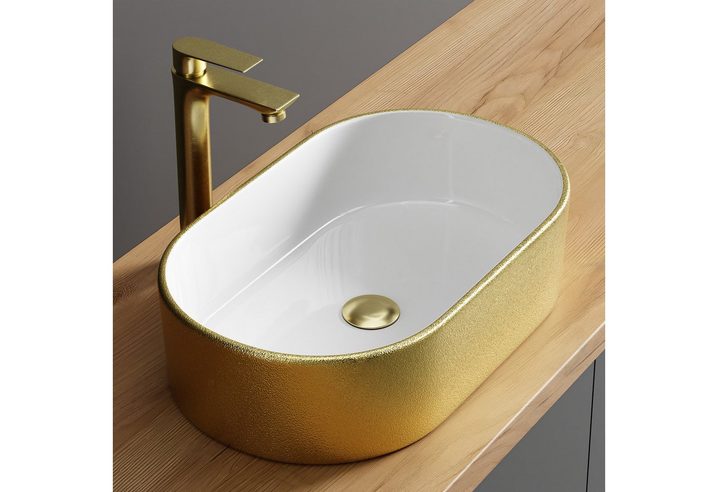 Planetmöbel Aufsatzwaschbecken Aquil Elegant Badezimmer Waschbecken 55 cm oval für Waschtisch (Keramik Aufsatzwaschbecken für Bad, Gäste WC, 1-St., Waschschale 55 x 34 x 14 cm ohne Hahnloch und Überlauf), für Waschtische oder Waschplätze Bild 5