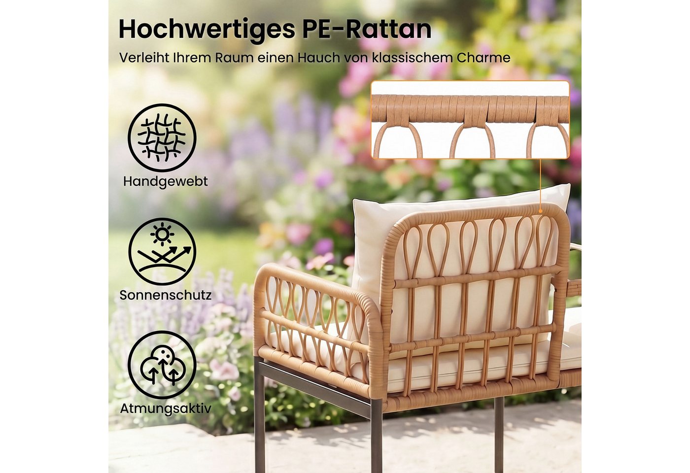 COSTWAY Balkonset, 2-Sitzer Gartenbank Polyrattan mit Hartglastisch, Kissen