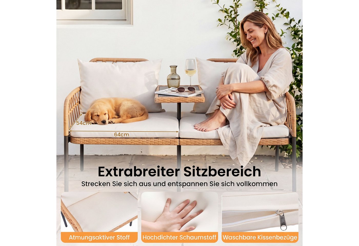 COSTWAY Balkonset, 2-Sitzer Gartenbank Polyrattan mit Hartglastisch, Kissen Bild 2