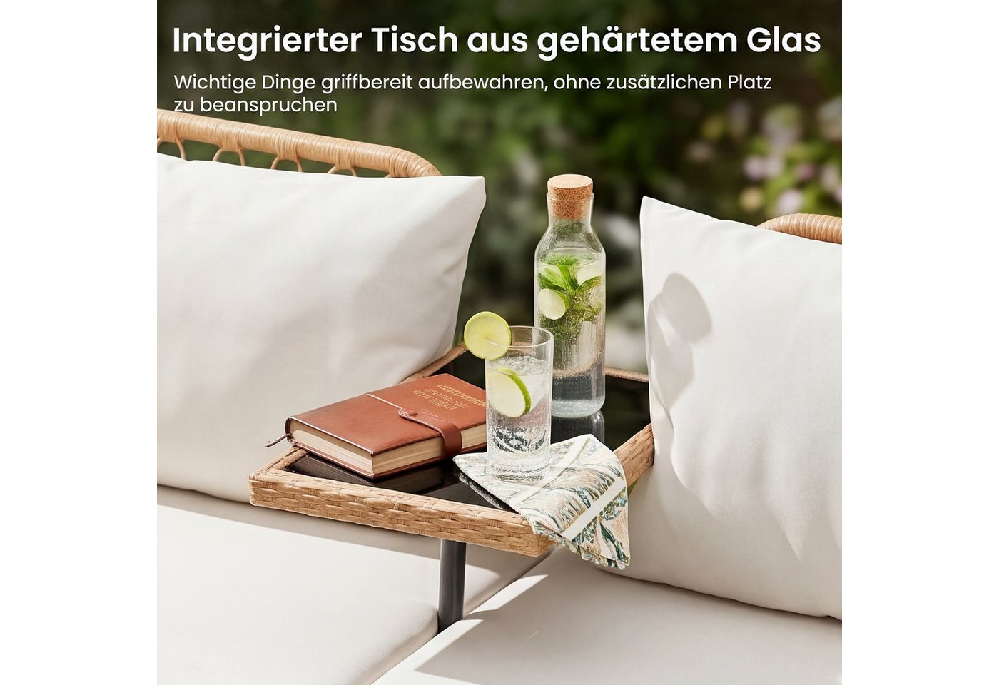 COSTWAY Balkonset, 2-Sitzer Gartenbank Polyrattan mit Hartglastisch, Kissen Bild 3