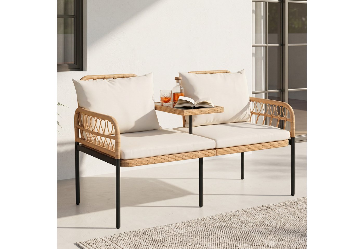 COSTWAY Balkonset, 2-Sitzer Gartenbank Polyrattan mit Hartglastisch, Kissen Bild 5