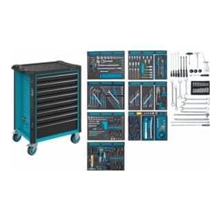 HAZET Werkstattwagen Assistent 179N-8-2700/296 Schubladen flach: 7 x 77 x 522 x 398 mm Schubladen hoch: 1 x 162 x 522 x 398 mm Anzahl Werkzeuge: 296