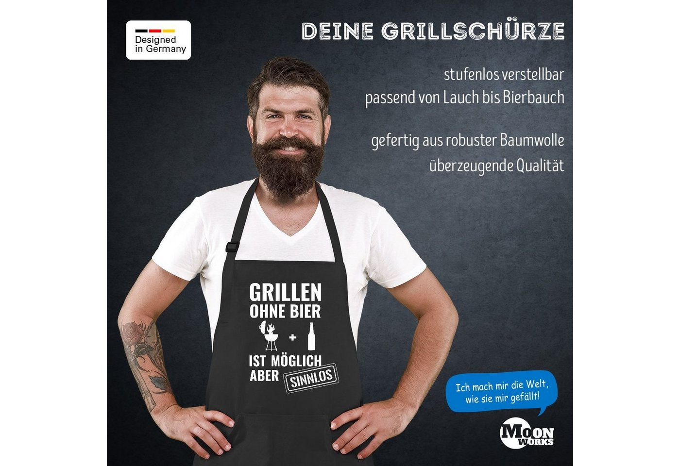 MoonWorks Grillschürze Grill-Schürze für Männer mit Spruch Grillen ohne Bier ist möglich aber sinnlos Grillen Baumwoll-Schürze Küchenschürze Moonworks®, mit kreativem Aufdruck