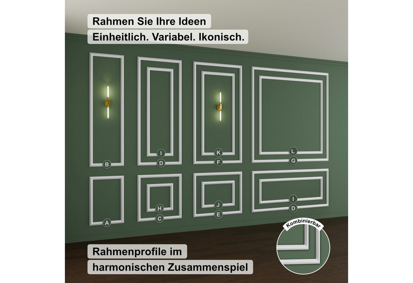 Hexim Stuckleiste RM01-K 116x51 cm, K - 116 x 51 cm, Wandrahmen Sets HDPS weiß - Auswahl an Größen für Wand, Decke, Bilder & Spiegel - Leichte Zierleistenlösung zur optischen Strukturierung großer Flächen (RM01-K 116X51CM) Bild 5