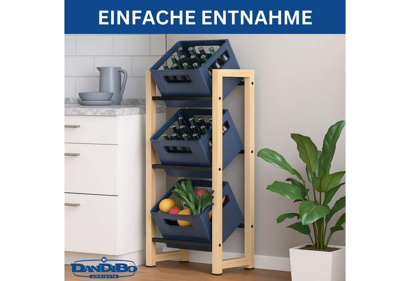 DanDiBo Standregal Getränkekistenregal für 3 Kisten aus Bambus und Metall Bild 2