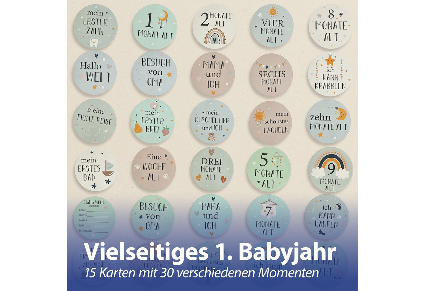 CEPEWA Geburtskarte Meilensteinkarten Baby 15tlg. Ø10cm Papier 1200gsm Pastell 30 Motive Bild 2