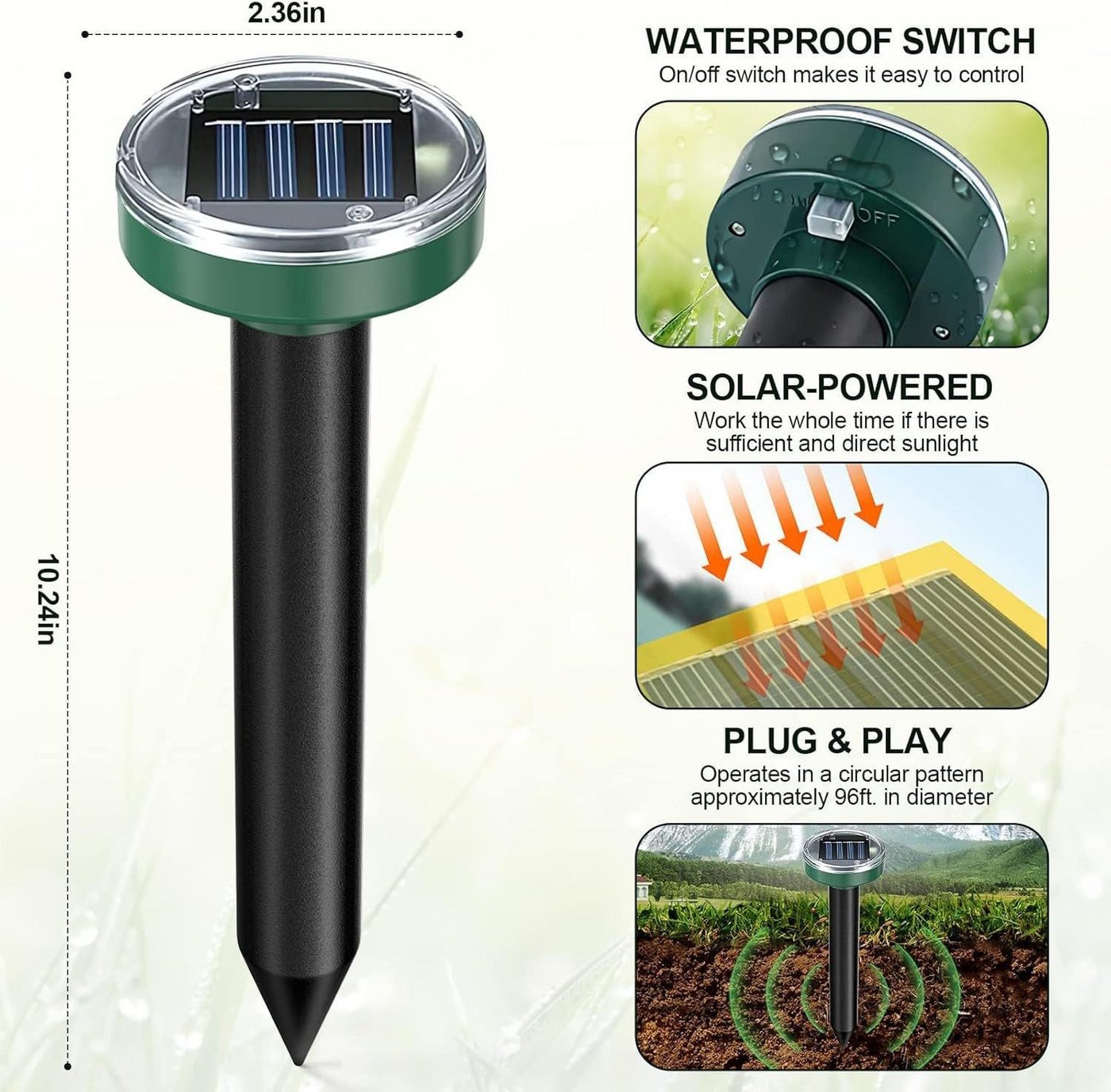 FELIXLEO Vibrations-Tierabwehr 4 Stück Solar Ultraschall Maulwurftreiber Wasserdicht Vertreibt, 8-tlg. Bild 3