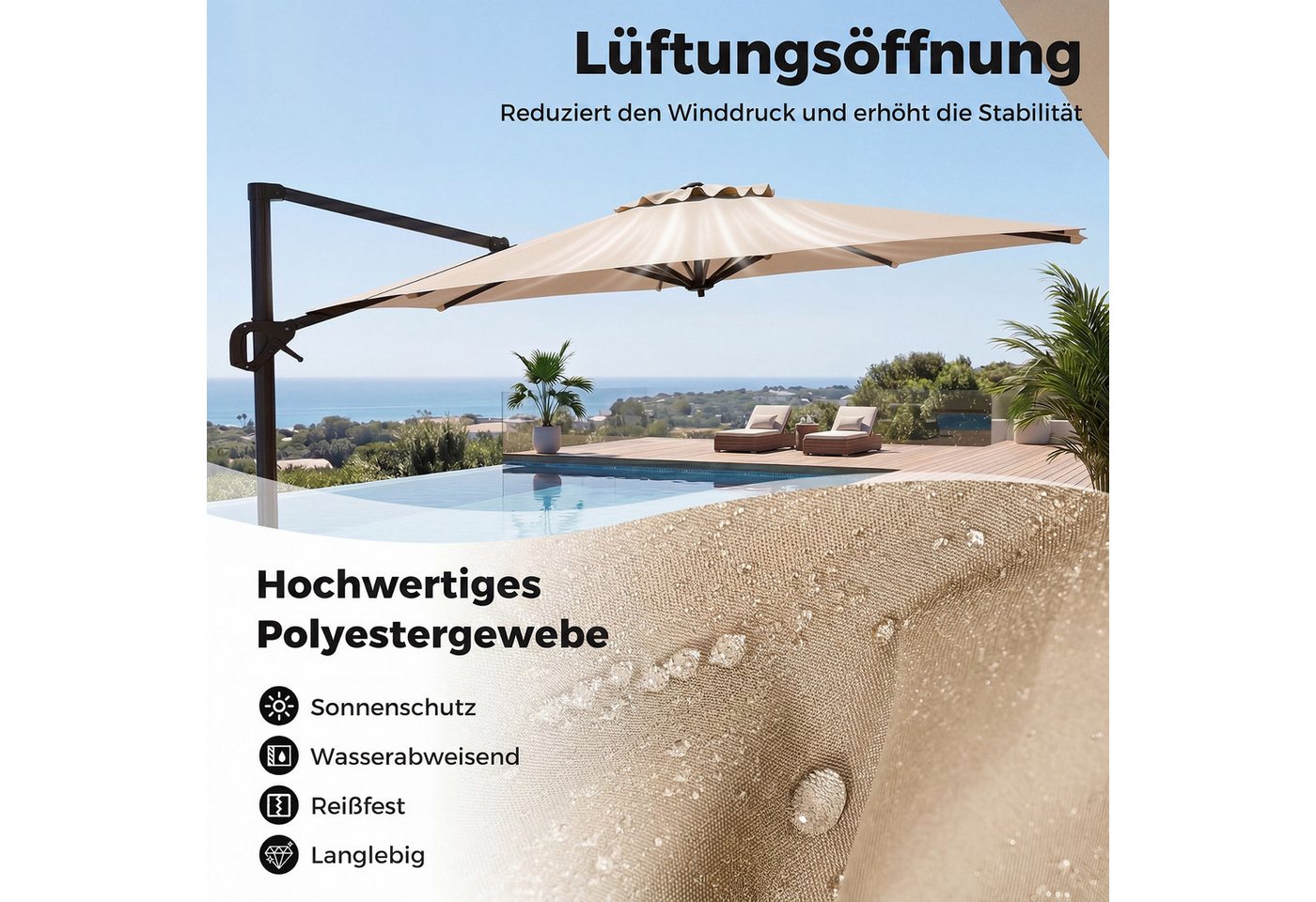 COSTWAY Sonnenschirm, 360° drehbarer Ampelschirm, Gartenschirm Alu