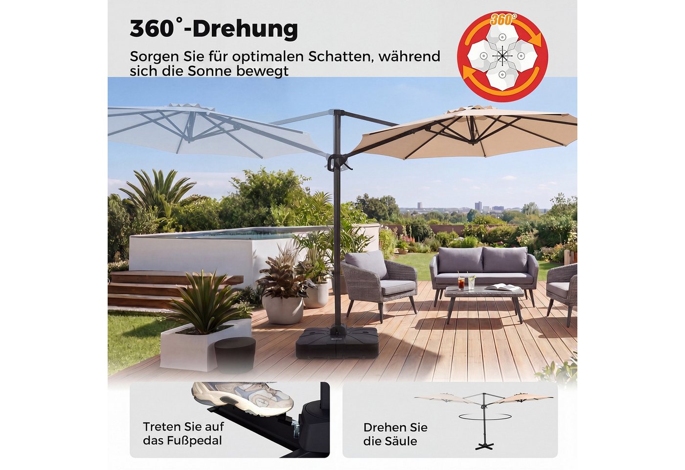 COSTWAY Sonnenschirm, 360° drehbarer Ampelschirm, Gartenschirm Alu Bild 4
