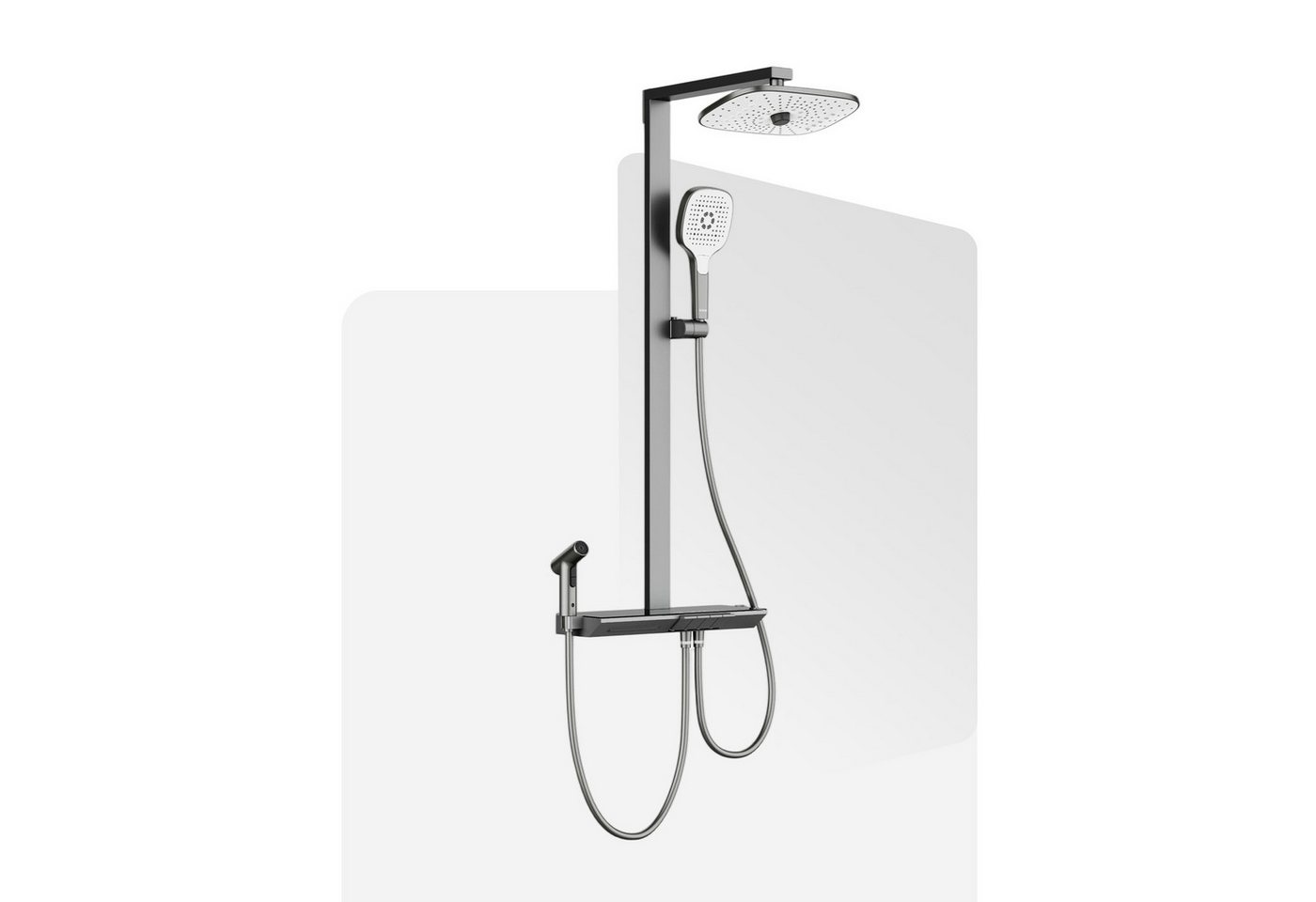 HOROW Duschsystem mit Thermostat Regendusche Duschset mit Ablage und Kopfbrause, 3 Strahlart(en), Regendusche Set, Hohenverstellbar, mit Spritzbrause, Piano-Tasten, Chrom/Felsgrau
